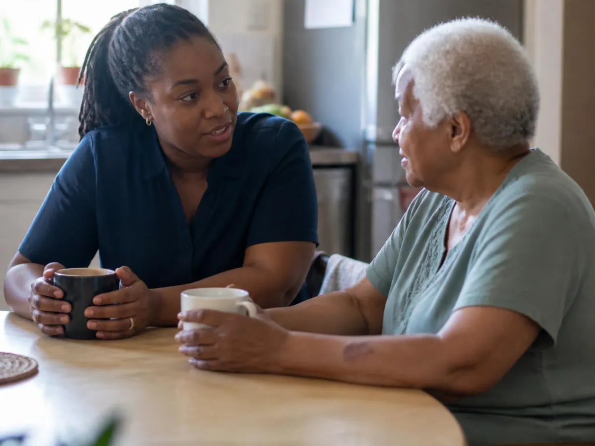 A care worker and an older person sitting together at a kitchen table in an ordinary home, mid-conversation, in natural daylight.